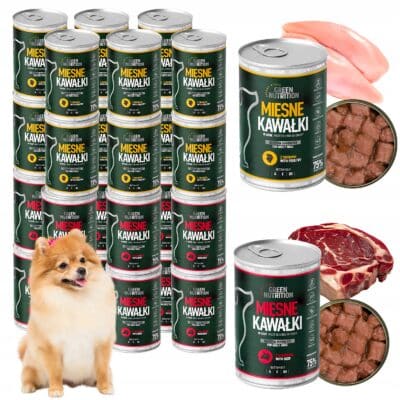 Mokra karma dla psa Green Nutrition – drób i wołowina, 75% mięsa, kawałki mięsne, kompozycja 24 puszki